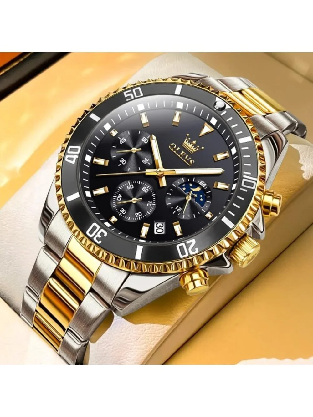 Men's Black Premium Gold and Silver Stainless Analog Rotatable Round Steel Watch
